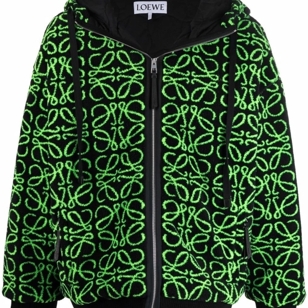 Loewe Oversized Leather Trimmed Logo Jacquard Cotton Fleece Parka Green NWT L